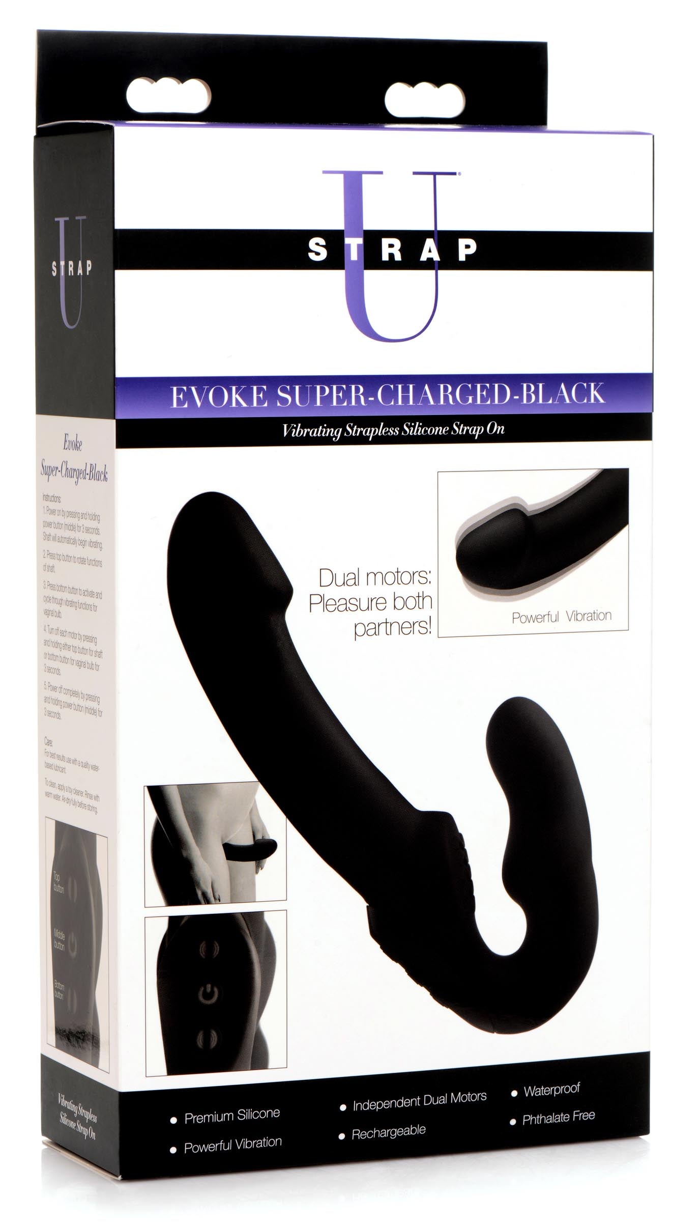 Evoke Rechargeable Vibrating Silicone Strapless Strap On - Black