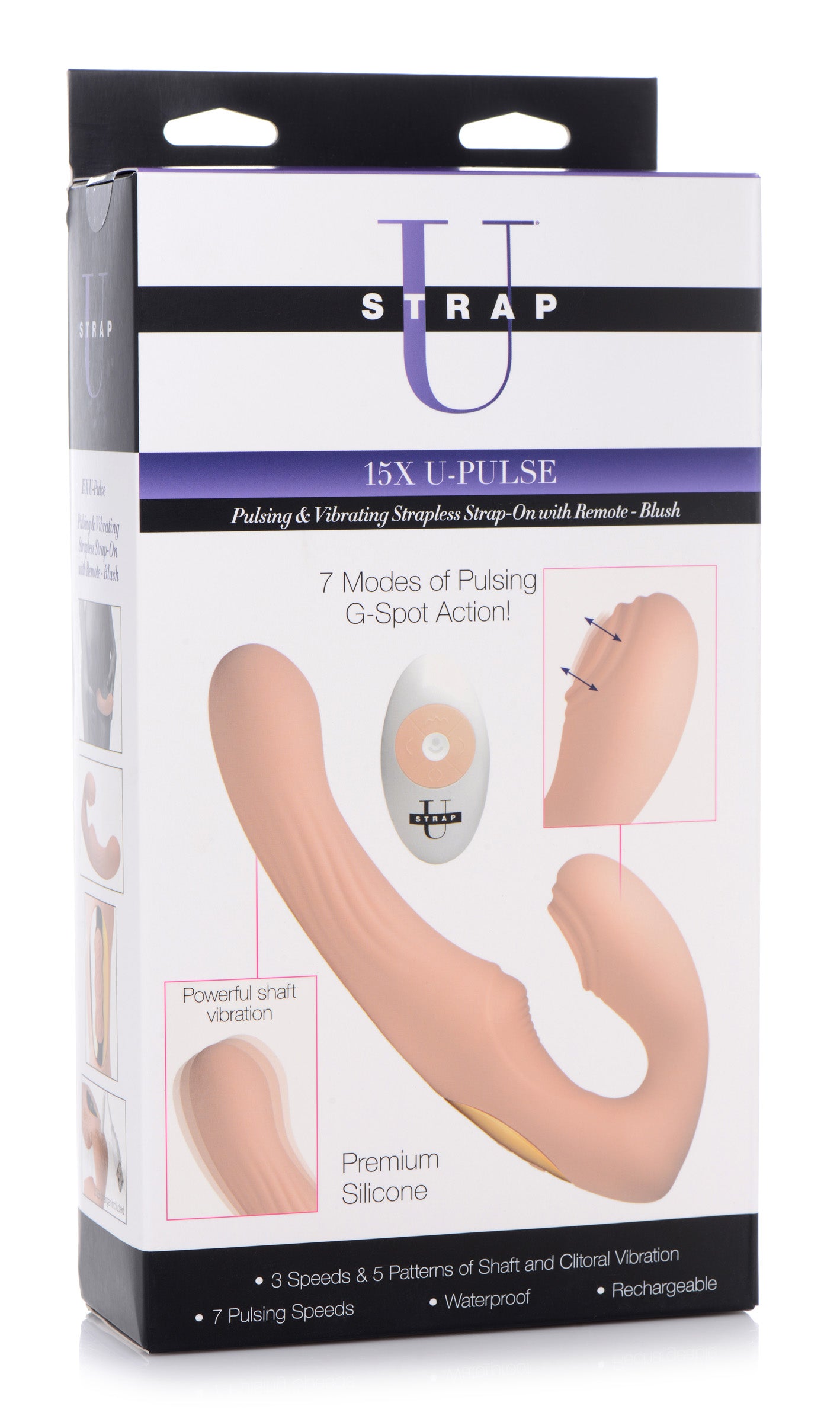15x U-pulse Silicone Pulsating And Vibrating Strapless Strap-on With Remote - Blush
