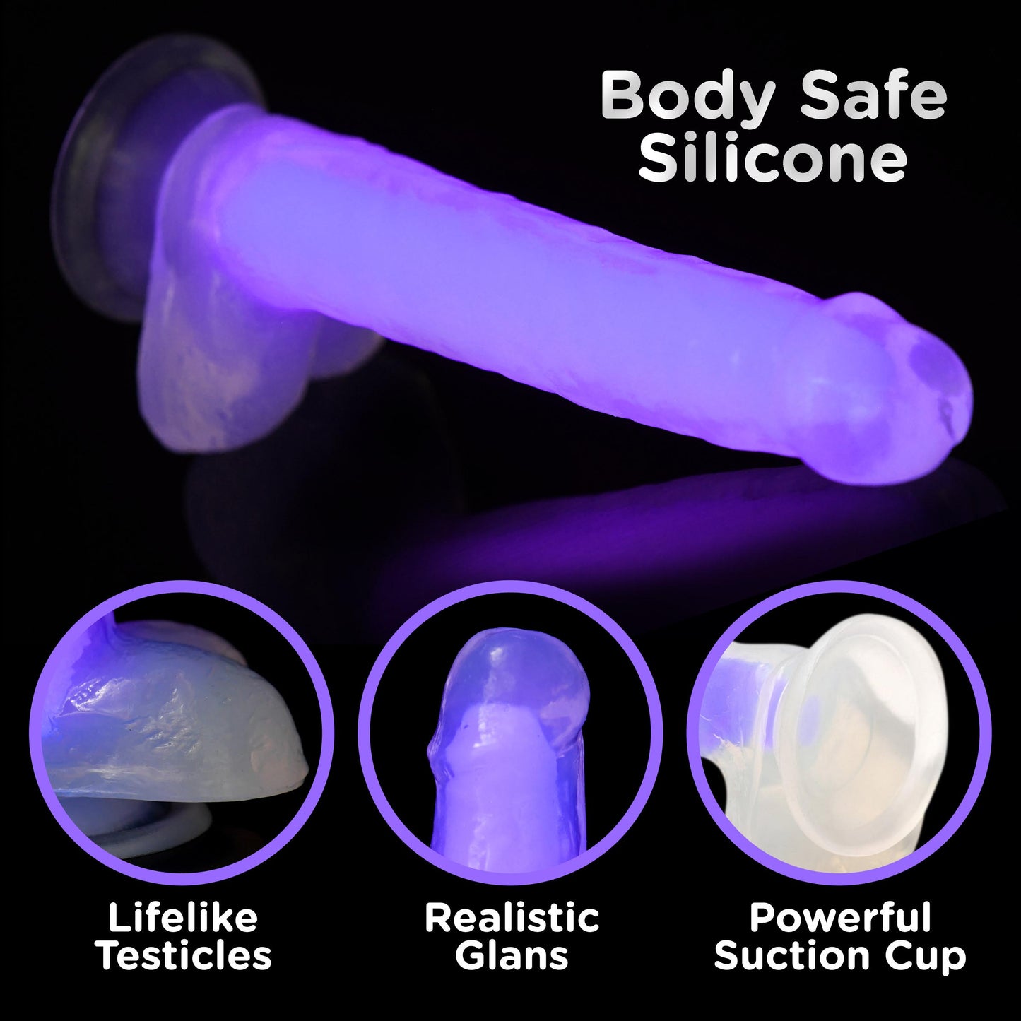7 Inch Glow-in-the-dark Silicone Dildo With Balls - Purple