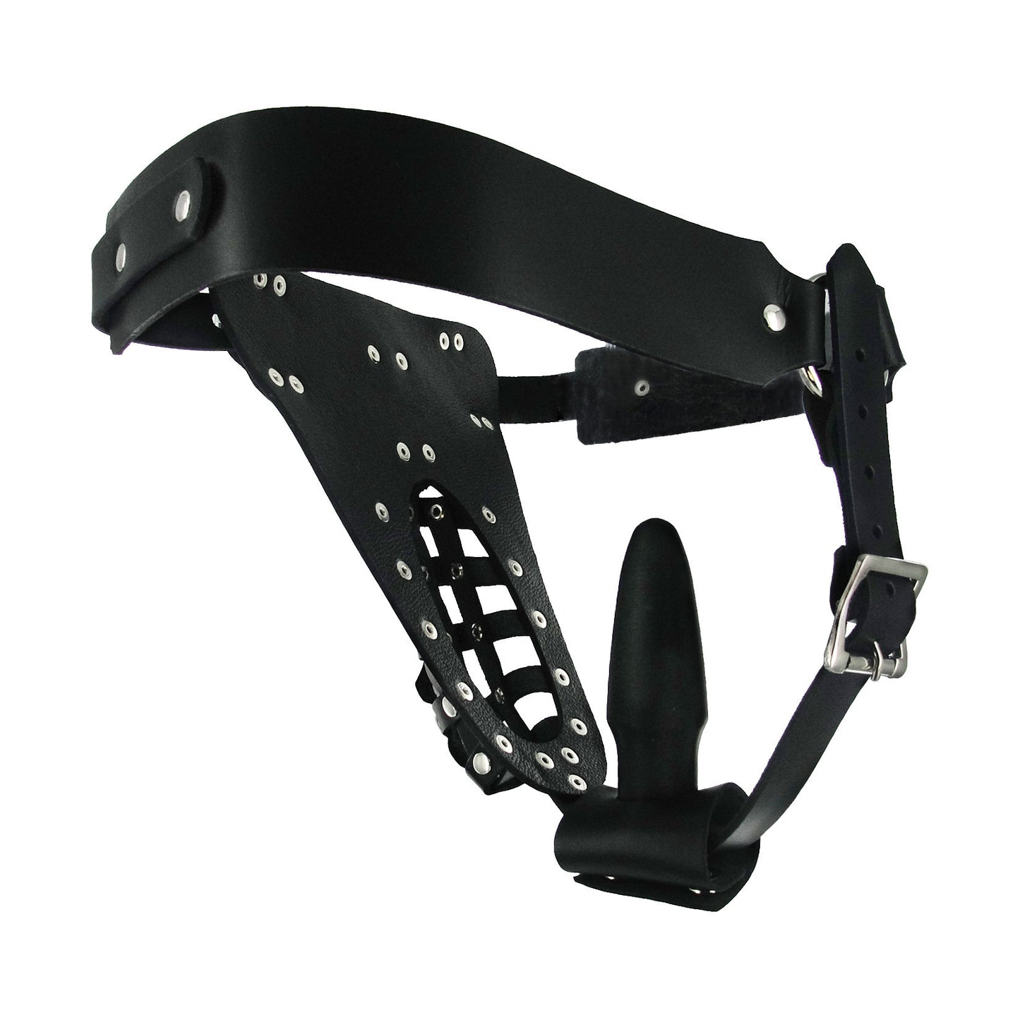 The Safety Net Leather Male Chastity Belt With Anal Plug Harness